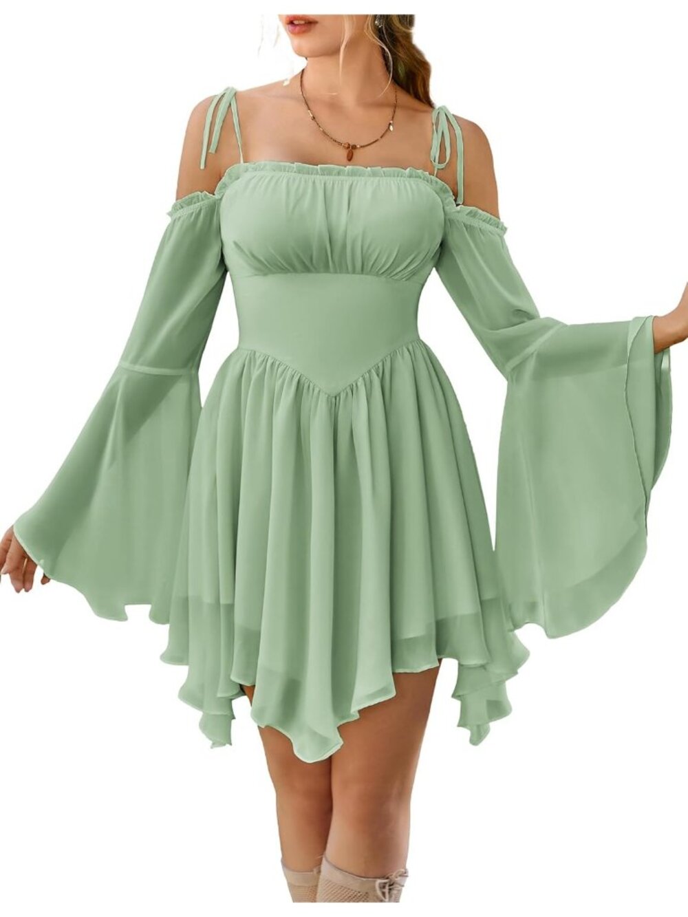 Women's Light Green Off Shoulder Fairy A LINE Boho Corset With Pockets Dress - Picture 2 of 6
